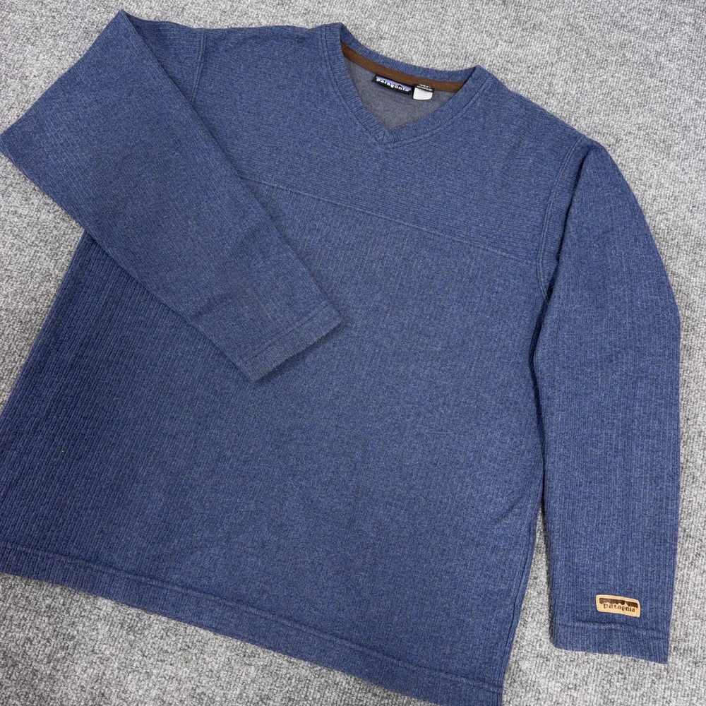 Vintage Patagonia Sweater Mens Medium Blue Made in USA High Camp V Neck Wool 90s